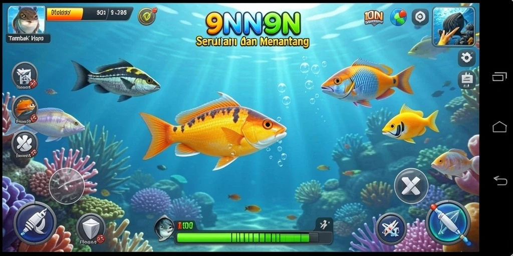 Tampilan gameplay seru dalam 9N9N menembak ikan.